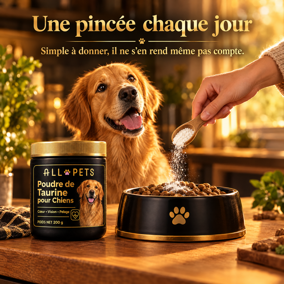 Poudre de taurine saupoudrée sur la gamelle d'un golden retriever